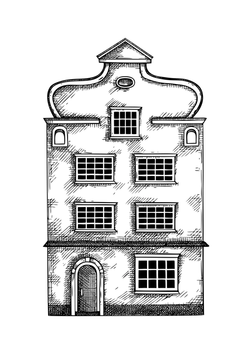 European city architecture sketch. Traditional old building drawing. Vintage style town house hand-drawn vector illustration. Architectural design element.  NOT AI generated